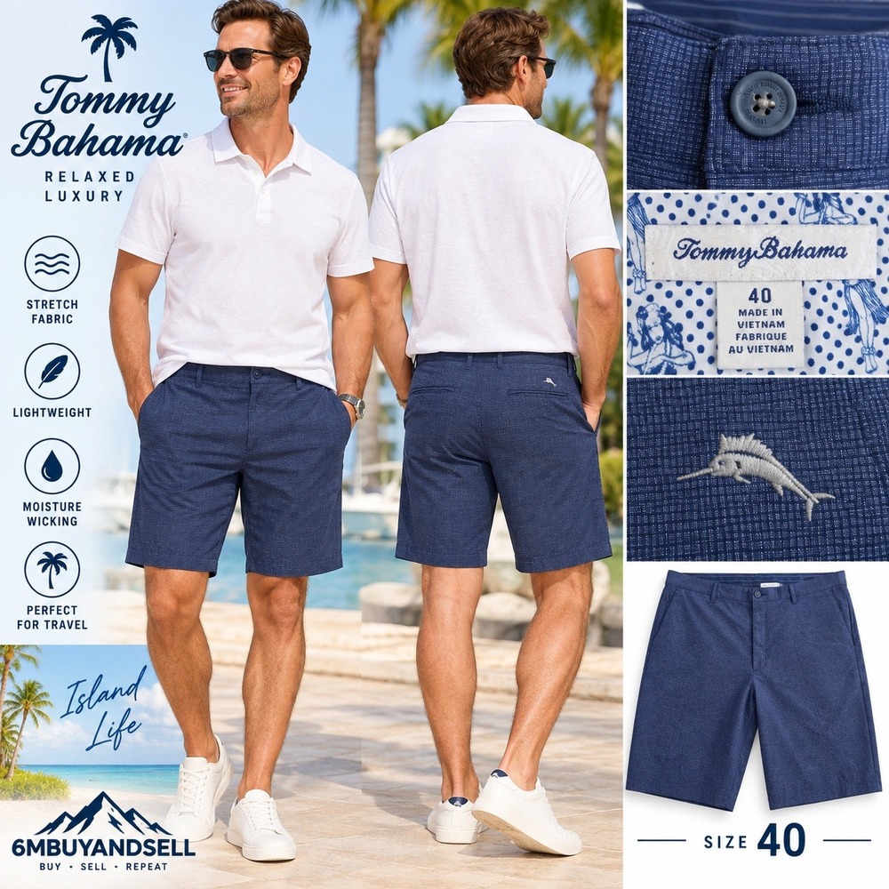 Tommy Bahama Boracay Navy Blue Heather Stretch Performance Shorts Mens 40